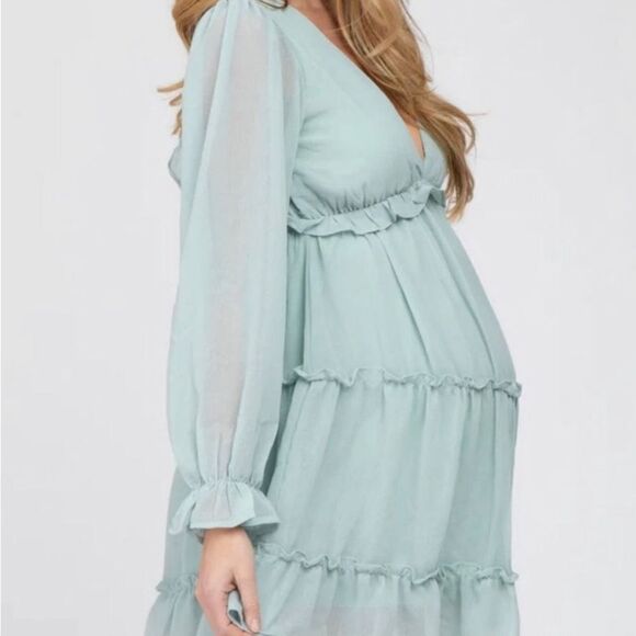 She + Sky Women's Chiffon Ruffle Tiered Maternity Dress Mint Green Size Large - Picture 8 of 9